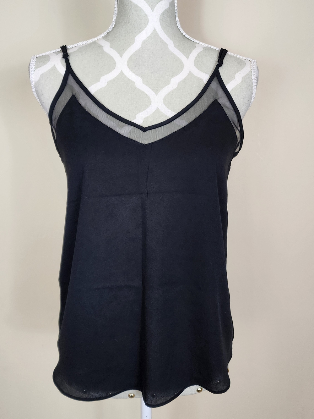 Black V-Neck Mesh Trim Cami Tank Top Size Small Minimalist Edgy